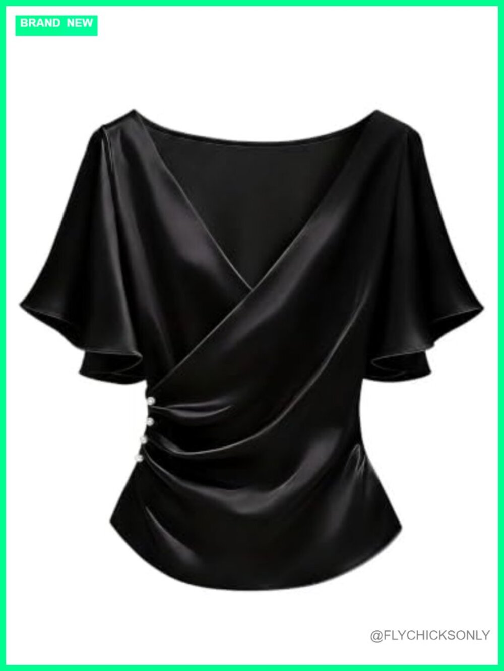 Satin Wrap Blouse Side Ruched V Neck Short Sleeve Elegant Work Top